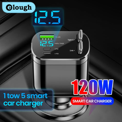 Elough 5-in-1 Fast Car Charger – Retractable & Dual Type-C